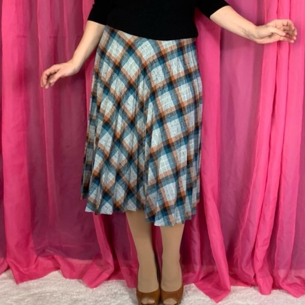 Plaid A-Line Midi Skirt in Blue and Brown
